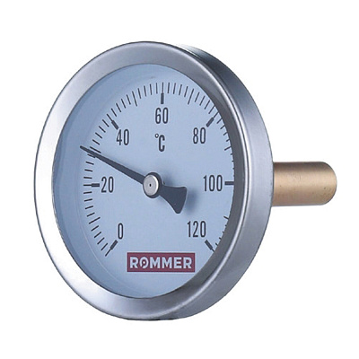 Термометр Rommer биметаллический с погружной гильзой (50 мм), 80 мм, 0...120, 1/2 Термометр Rommer биметаллический с погружной гильзой (50 мм), 80 мм, 0...120, 1/2