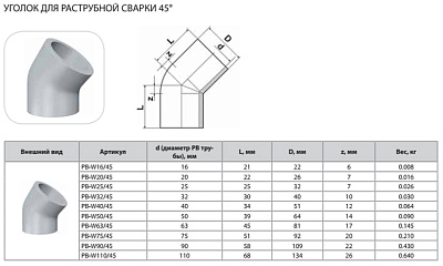 Уголок Thermaflex 45гр. для раструбной сварки PB-W75/45
