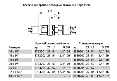 Соединение TECE TECElogo прямое с накидной гайкой 25 х 1, латунь