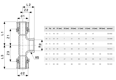 Тройник Viega SmartPress переходной 63 x Rp 1 x 63, модель 6717