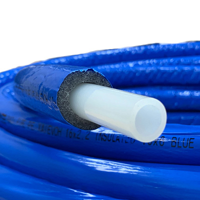 Труба из сшитого полиэтилена (PE-Xa) Usystems Radi Pipe PN10 16x2,2 в теплоизоляции 6 мм синей, бухта 100 м