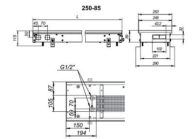 Внутрипольный конвектор с естественной конвекцией Techno KVZ 250-85-2200