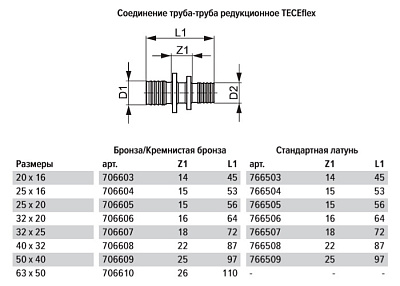 Соединение TECE TECEflex труба-труба редукционное, 50 х 40, латунь, наружная резьба